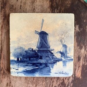 Antique Delft Blue Windmill Art Tile